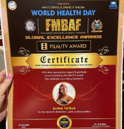 ऐलेना टुटेजा ने एफएमबीएएफ ग्लोबल एक्सीलेंस अवार्ड्स का प्रमाण पत्र जीता
